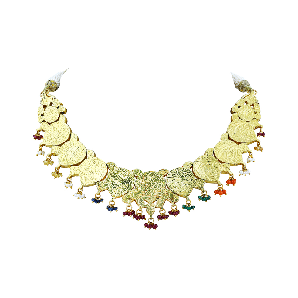 Navratna Necklace with Polki Diamonds, Pearls, and coloured Beads